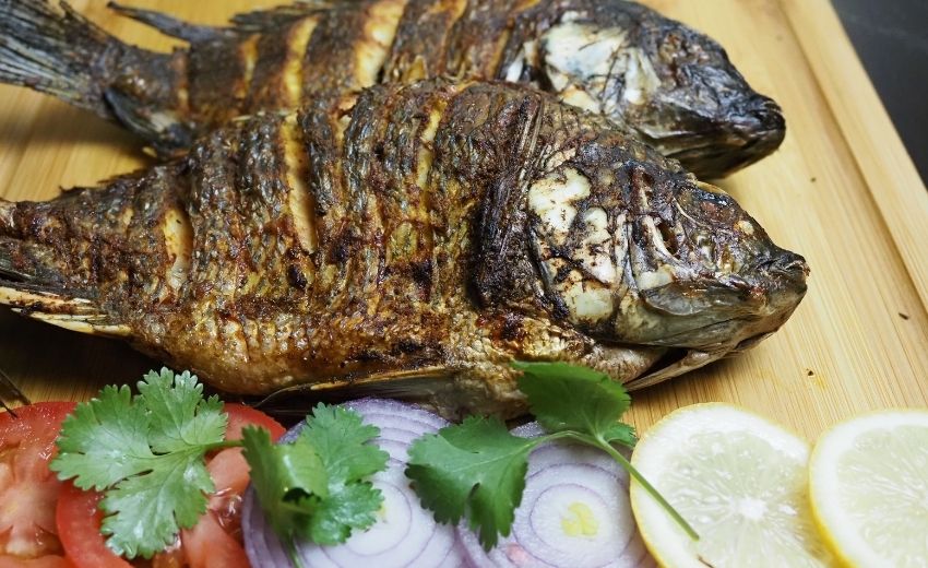 another picture of tilapia with salad, ready to eat.