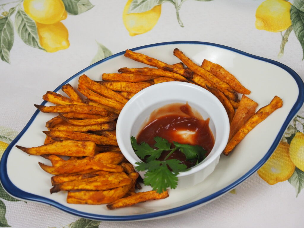 Ready to eat sweet potato fries cooked in air fryer.